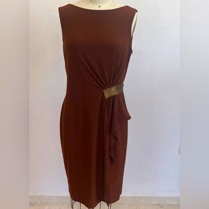 Anne Klein - size 10 - Brown Jersey midi dress with metal embellished trim